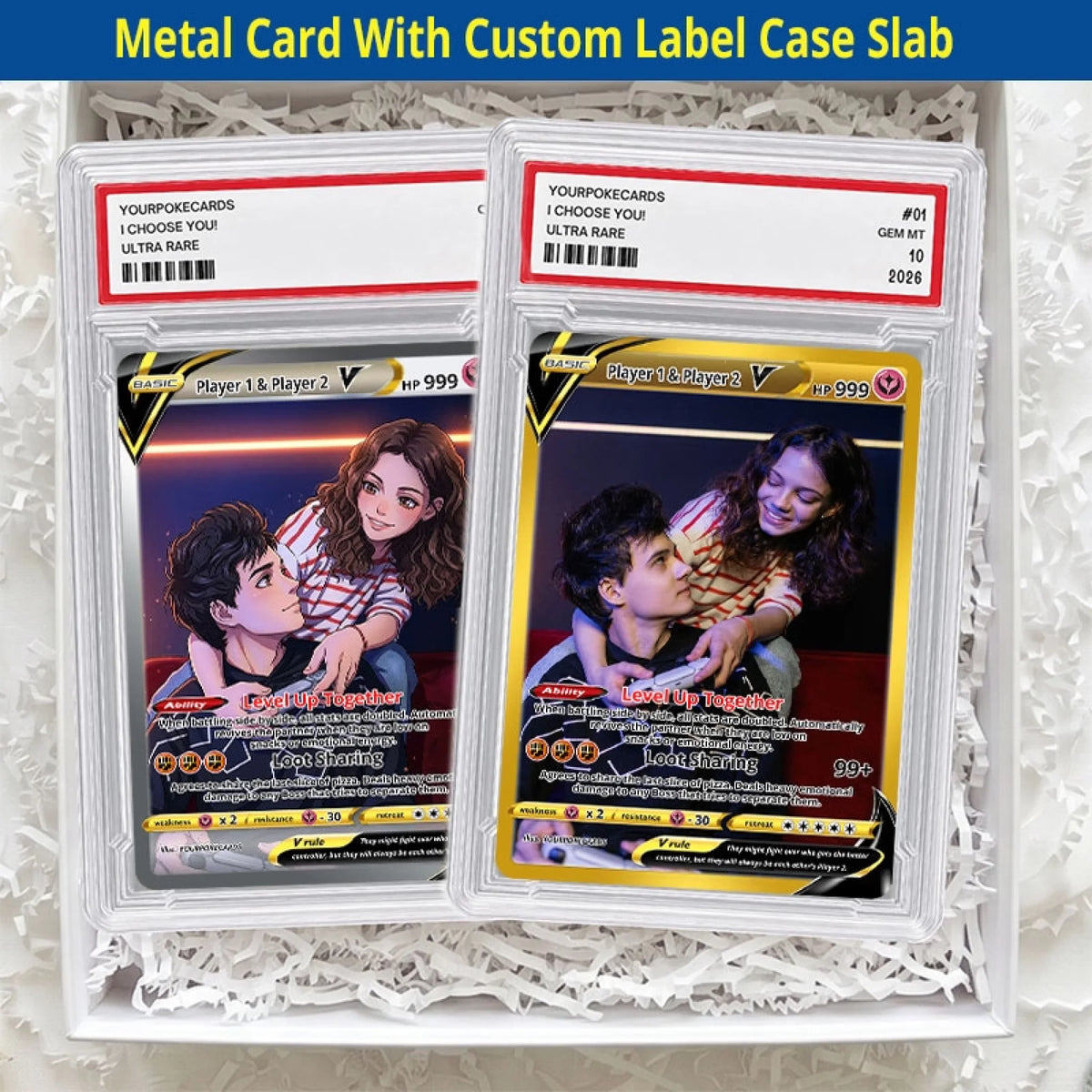 Custom Gamer Couple Poke Cards - Player 1 & Player 2 Trading Card - Geeky Anime Portrait Gift for Boyfriend & Girlfriend - YPC-215