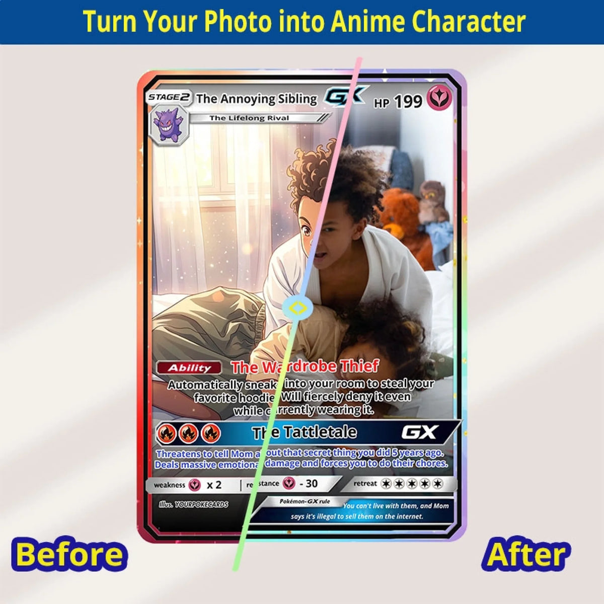 Funny Custom Sibling Poke Cards - Personalized Brother & Sister Trading Card - Gag Anime Portrait Gift - YPC-284