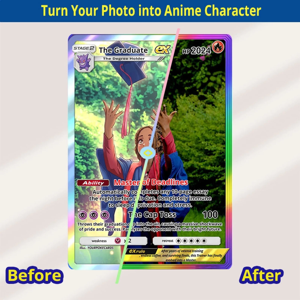 Custom Graduation Poke Cards - Personalized Grad Trading Card - Level Up Anime Portrait Gift - YPC-305