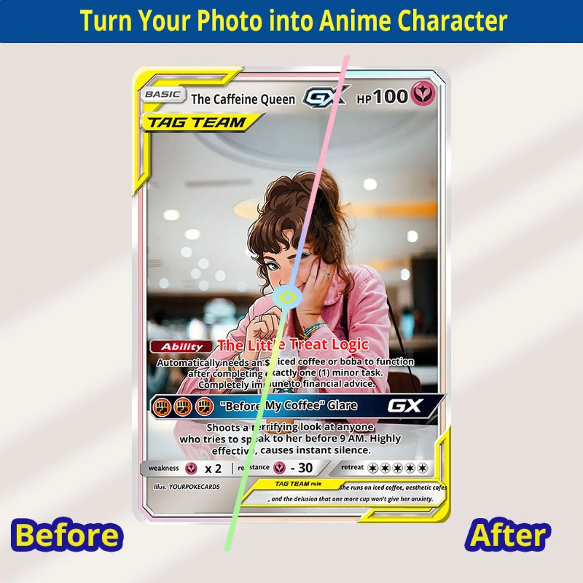 Custom Coffee & Boba Lover Poke Cards - Personalized Aesthetic Trading Card - Funny Anime Portrait Gift For Her - YPC-384