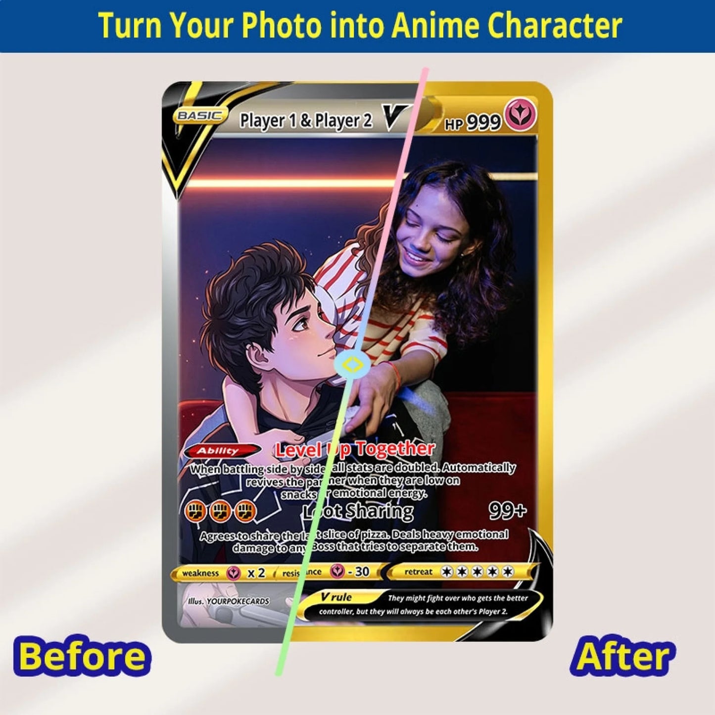 Custom Gamer Couple Poke Cards - Player 1 & Player 2 Trading Card - Geeky Anime Portrait Gift for Boyfriend & Girlfriend - YPC-214
