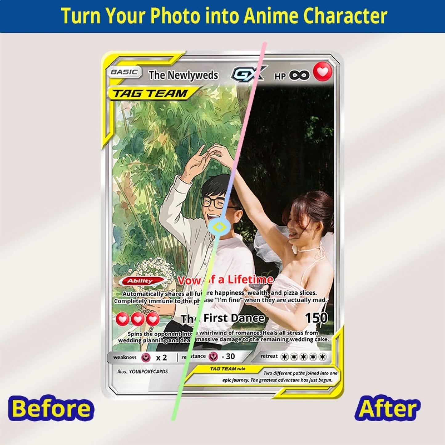 Custom Wedding Poke Cards - Bride & Groom Personalized Trading Card - Just Married Anime Portrait Keepsake - YPC-244