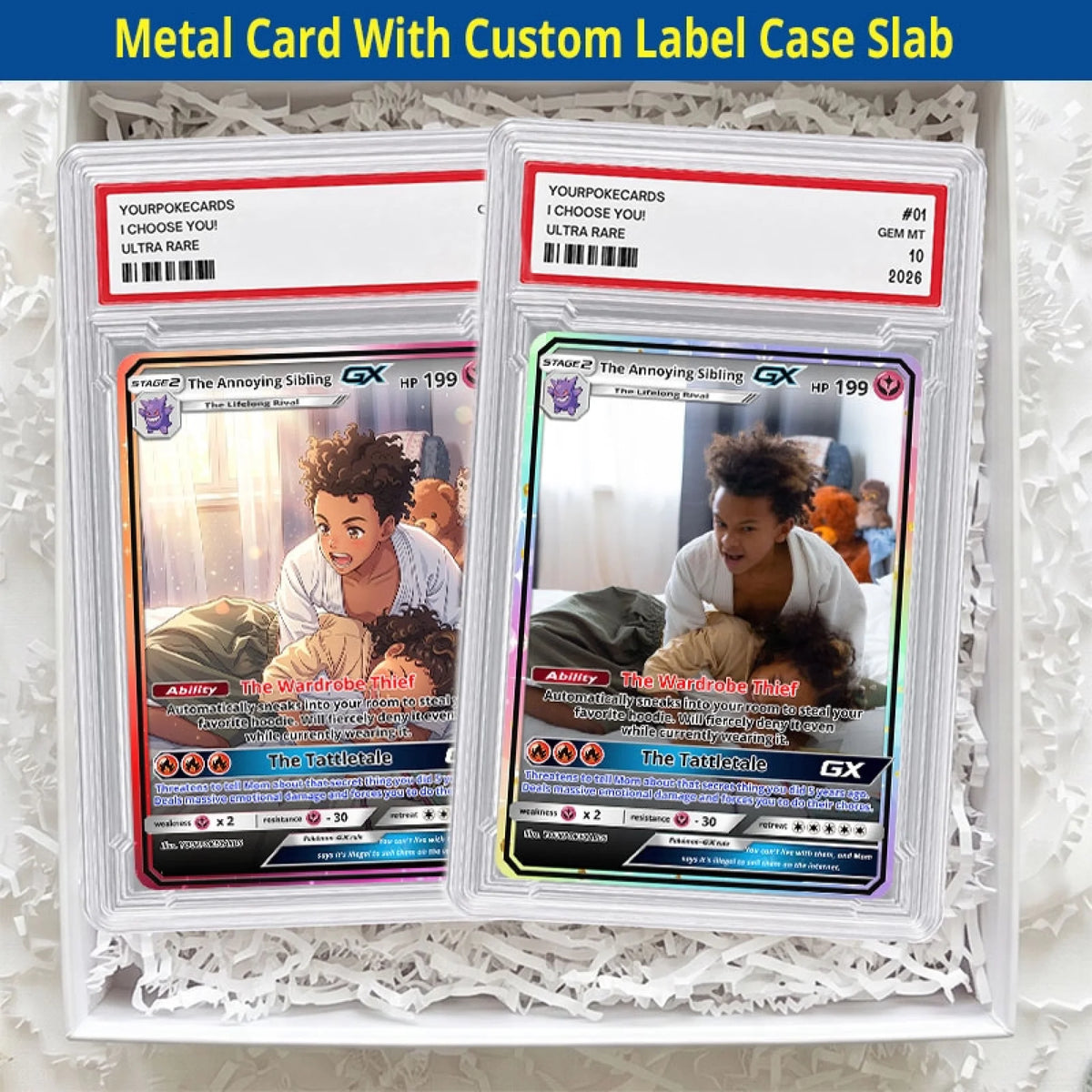 Funny Custom Sibling Poke Cards - Personalized Brother & Sister Trading Card - Gag Anime Portrait Gift - YPC-281