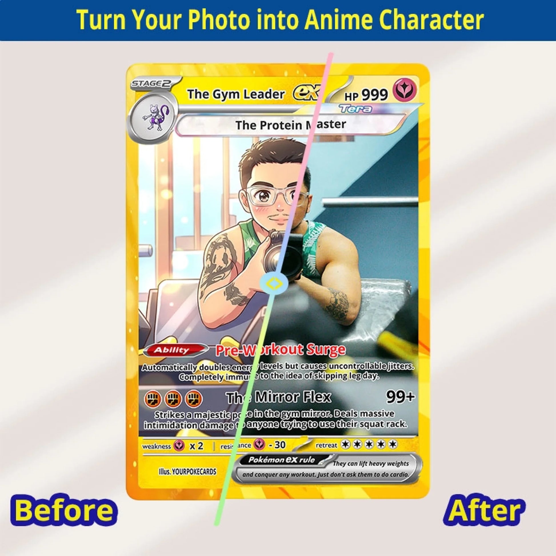 Custom Gym Leader Poke Cards - Personalized Fitness Trading Card - Funny Gym Bro Anime Portrait Gift - YPC-294
