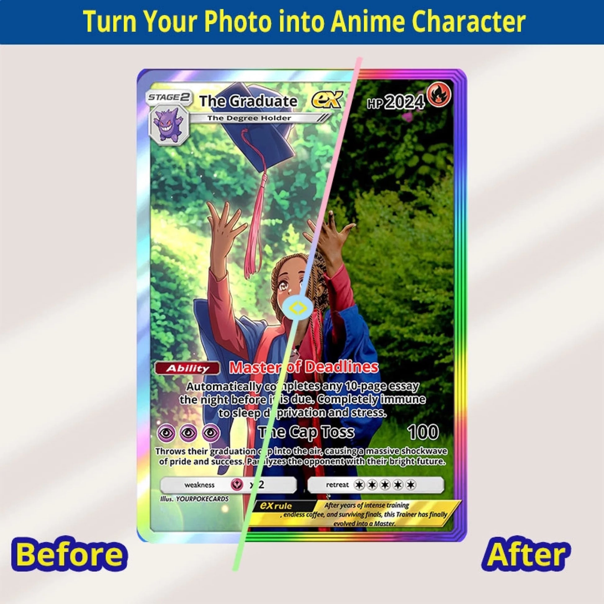 Custom Graduation Poke Cards - Personalized Grad Trading Card - Level Up Anime Portrait Gift - YPC-305