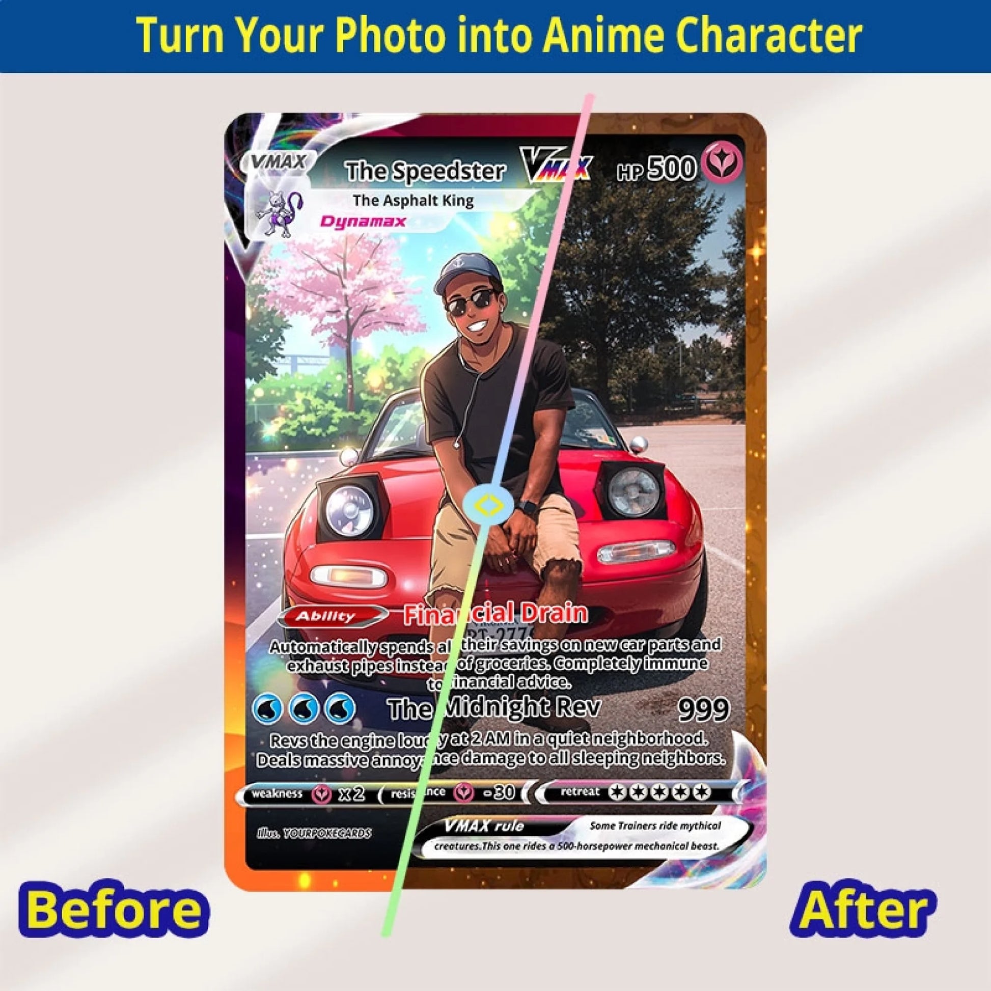 Custom Car Poke Cards - Personalized Vehicle Trading Card - Anime Portrait Gift for Car Guy & Gearhead - YPC-314