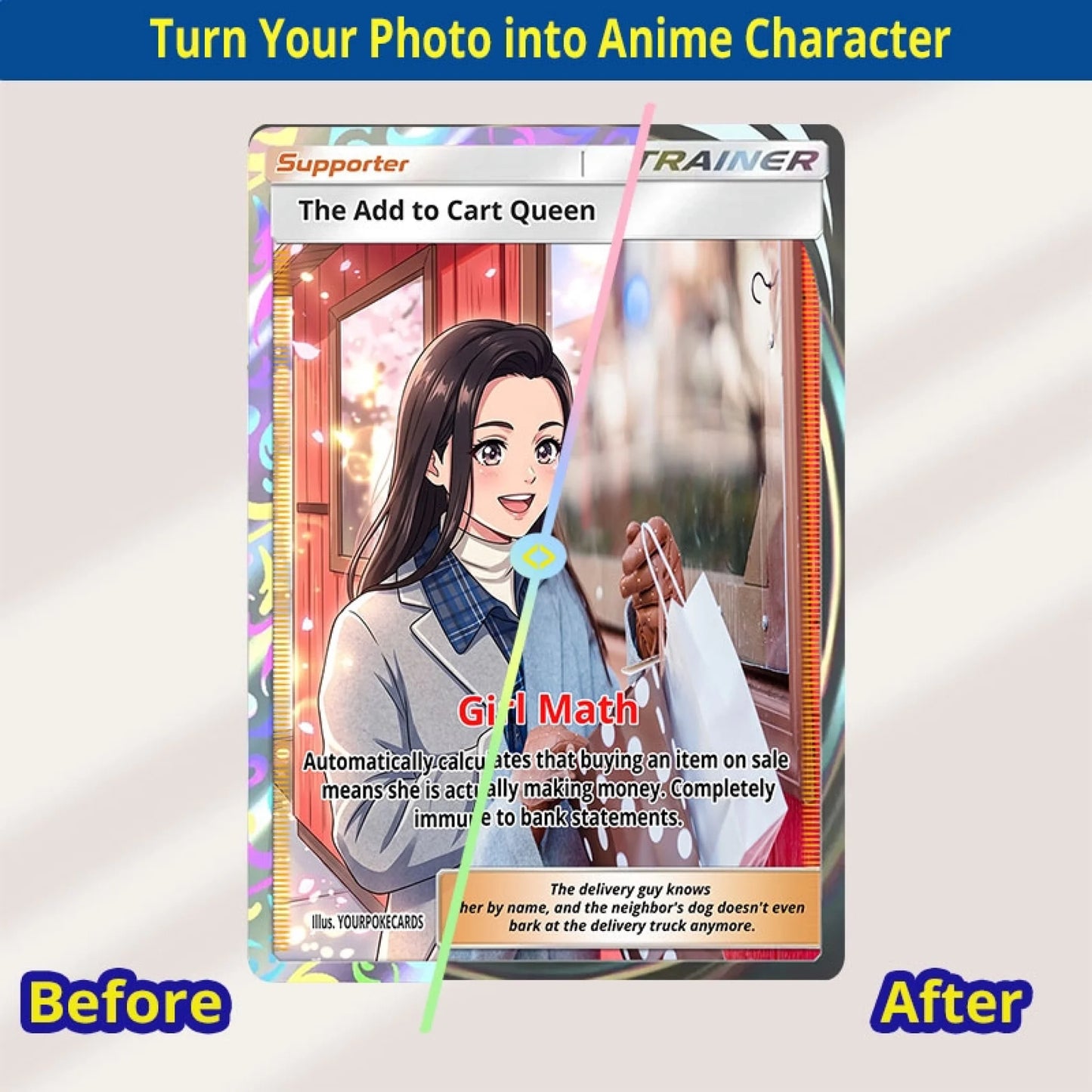 Custom Shopaholic Poke Cards - Personalized Retail Therapy Trading Card - Funny Anime Portrait Gift For Her - YPC-3943