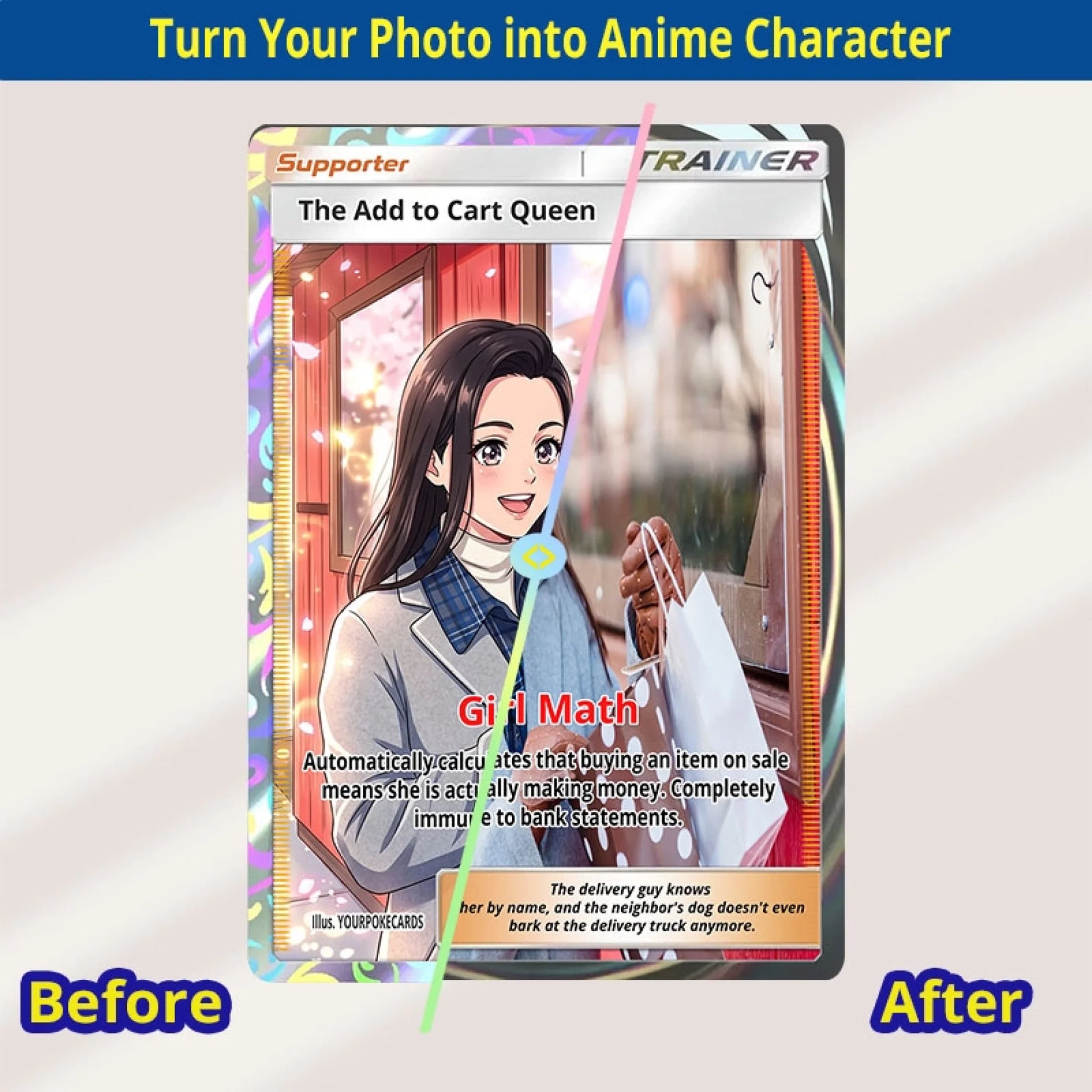 Custom Shopaholic Poke Cards - Personalized Retail Therapy Trading Card - Funny Anime Portrait Gift For Her - YPC-3943