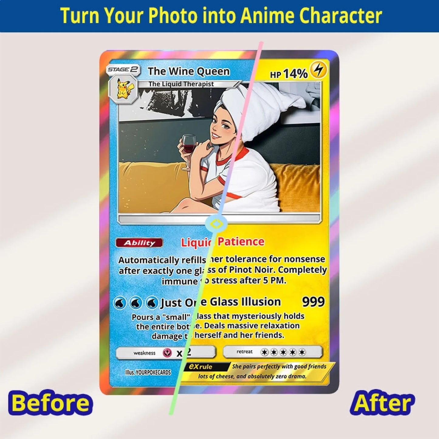 Custom Wine Lover Poke Cards - Personalized Sommelier Trading Card - Funny Anime Portrait Gift For Her - YPC-414